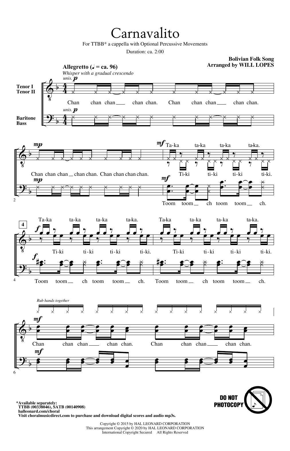 Bolivian Folk Song Carnavalito (arr. Will Lopes) sheet music notes and chords arranged for TTBB Choir