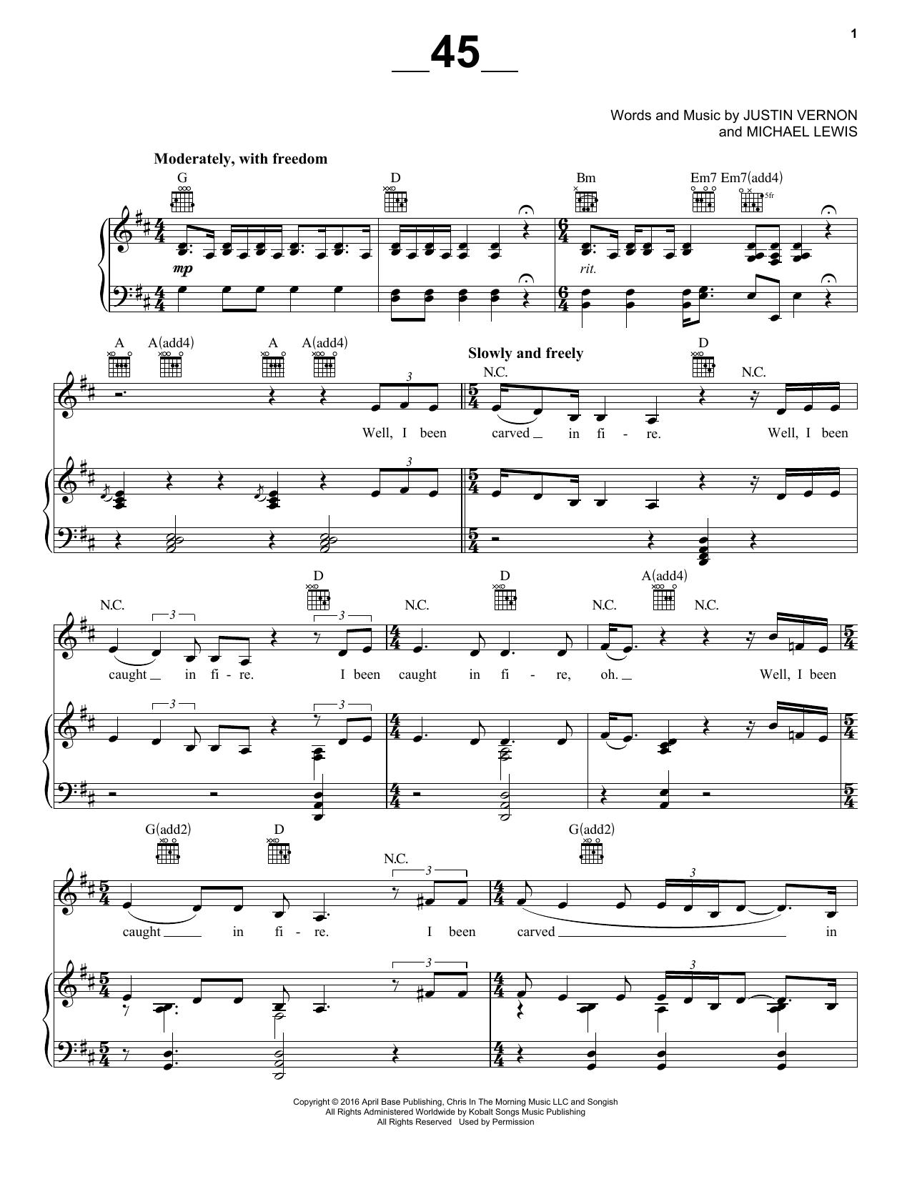 Bon Iver ____45____ sheet music notes and chords arranged for Piano, Vocal & Guitar Chords (Right-Hand Melody)