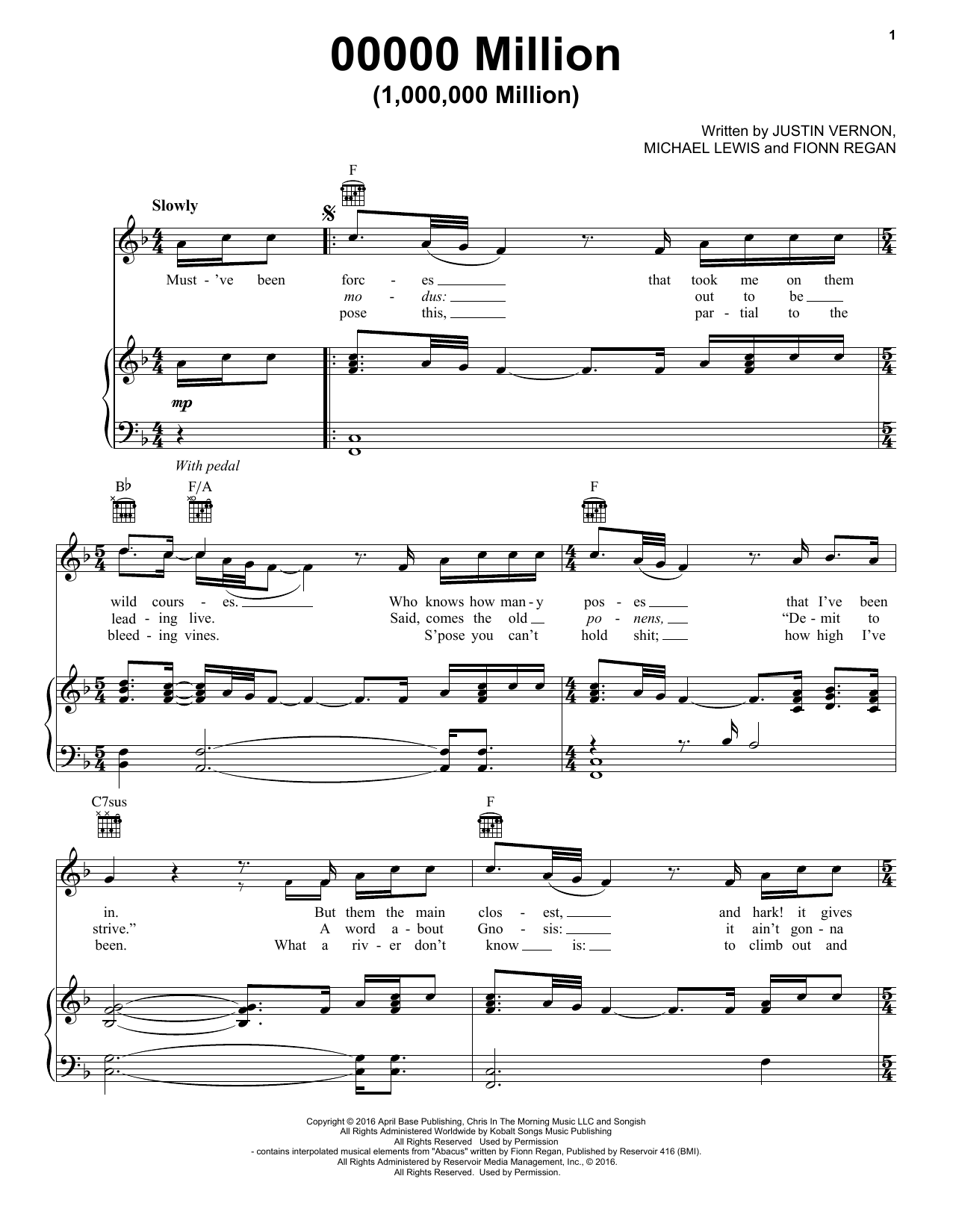 Bon Iver 00000 Million (1,000,000 Million) sheet music notes and chords arranged for Piano, Vocal & Guitar Chords (Right-Hand Melody)