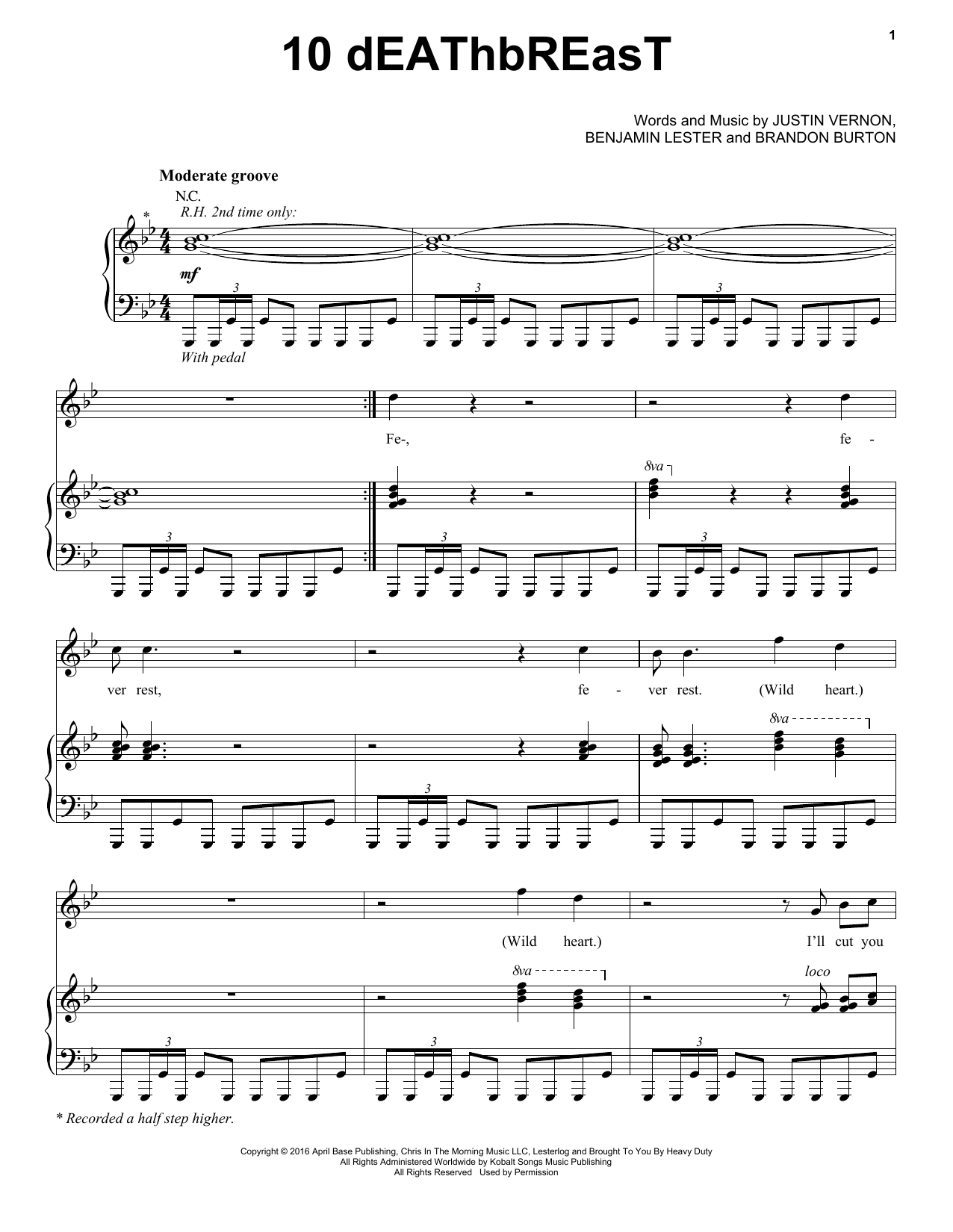 Bon Iver 10dEAThbREasT sheet music notes and chords arranged for Piano, Vocal & Guitar Chords (Right-Hand Melody)
