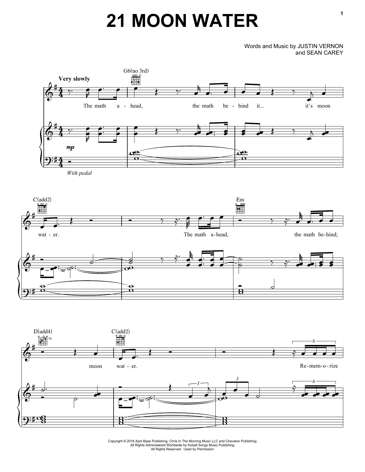 Bon Iver 21 MOON WATER sheet music notes and chords arranged for Piano, Vocal & Guitar Chords (Right-Hand Melody)