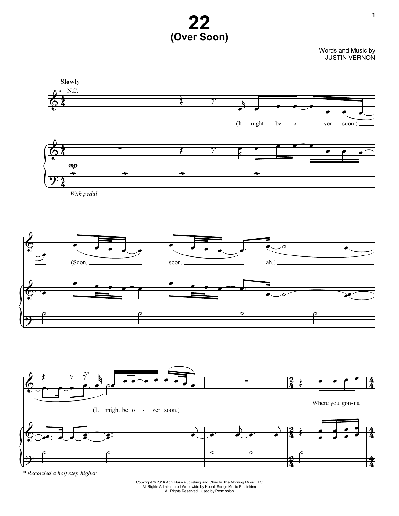Bon Iver 22 (Over Soon) sheet music notes and chords arranged for Piano, Vocal & Guitar Chords (Right-Hand Melody)