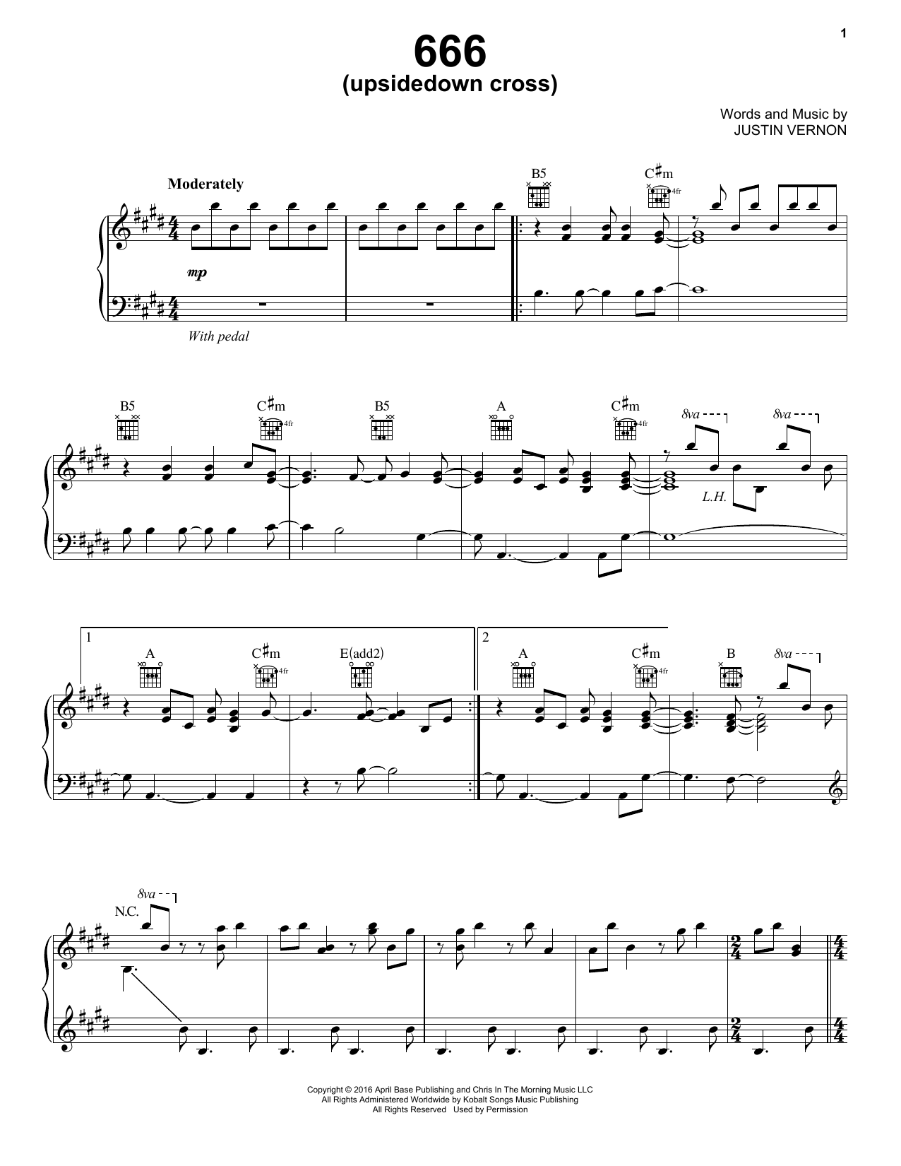 Bon Iver 666 (upsidedown cross) sheet music notes and chords arranged for Piano, Vocal & Guitar Chords (Right-Hand Melody)