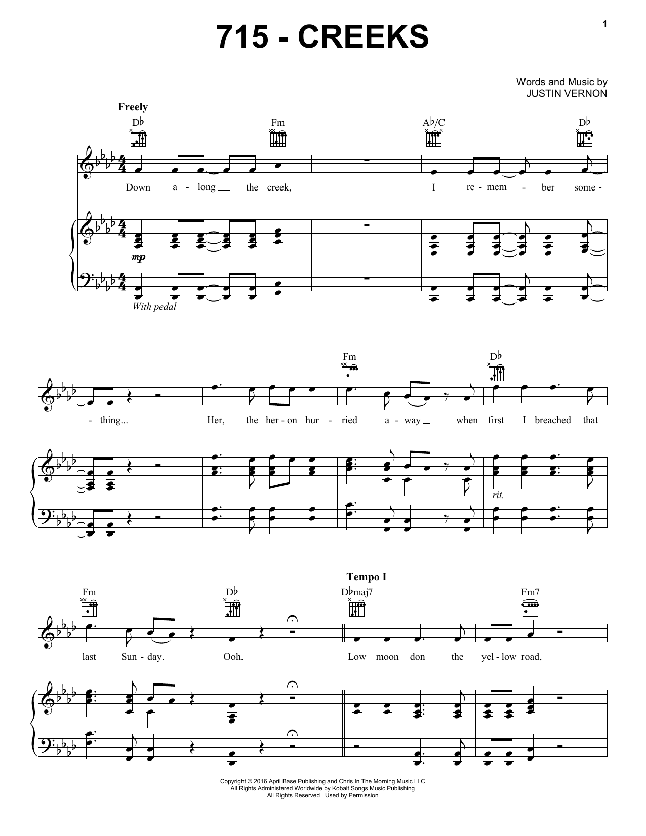 Bon Iver 715 - CREEKS sheet music notes and chords arranged for Piano, Vocal & Guitar Chords (Right-Hand Melody)