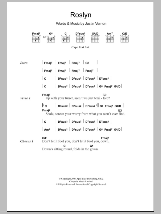 Bon Iver & St. Vincent Roslyn sheet music notes and chords arranged for Guitar Chords/Lyrics
