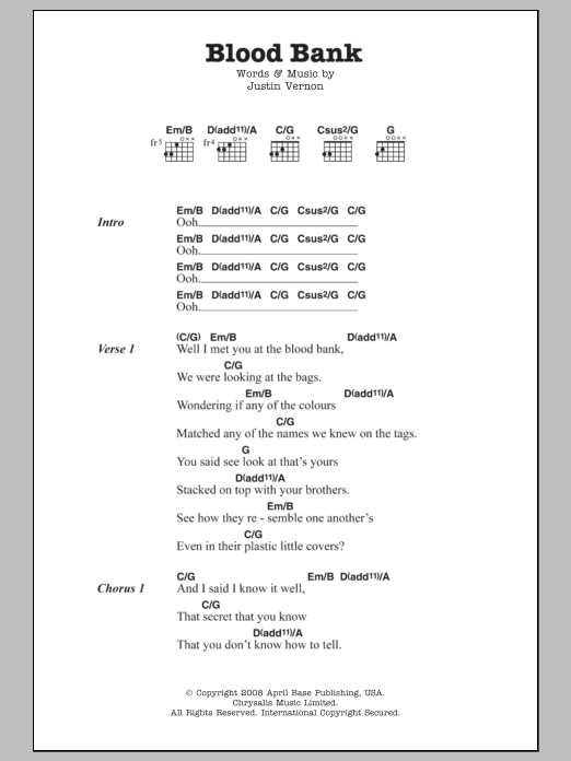 Bon Iver Blood Bank sheet music notes and chords arranged for Guitar Chords/Lyrics
