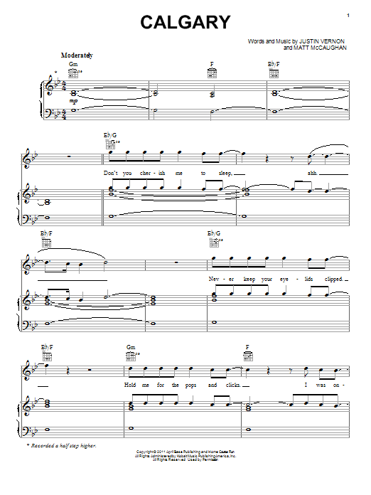 Bon Iver Calgary sheet music notes and chords arranged for Piano, Vocal & Guitar Chords (Right-Hand Melody)