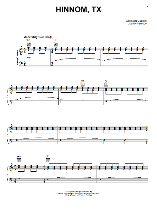 Bon Iver Hinnom, TX sheet music notes and chords arranged for Piano, Vocal & Guitar Chords (Right-Hand Melody)