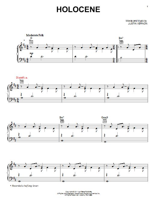 Bon Iver Holocene sheet music notes and chords arranged for Piano Solo
