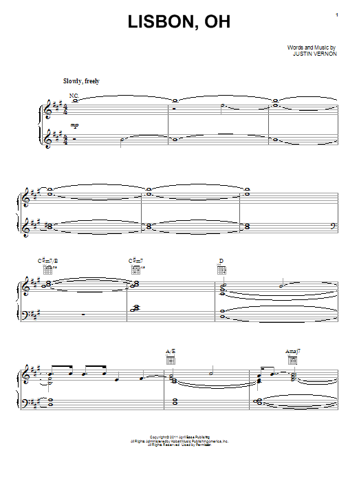 Bon Iver Lisbon, OH sheet music notes and chords arranged for Piano, Vocal & Guitar Chords (Right-Hand Melody)