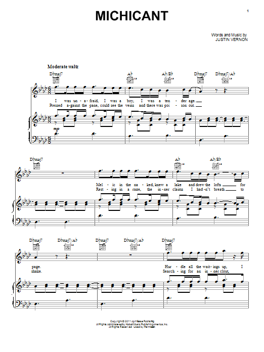 Bon Iver Michicant sheet music notes and chords arranged for Piano, Vocal & Guitar Chords (Right-Hand Melody)