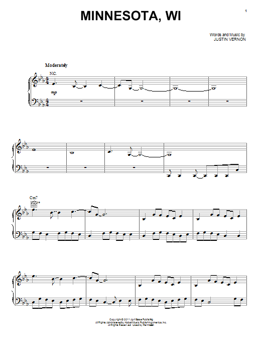 Bon Iver Minnesota, WI sheet music notes and chords arranged for Piano, Vocal & Guitar Chords (Right-Hand Melody)