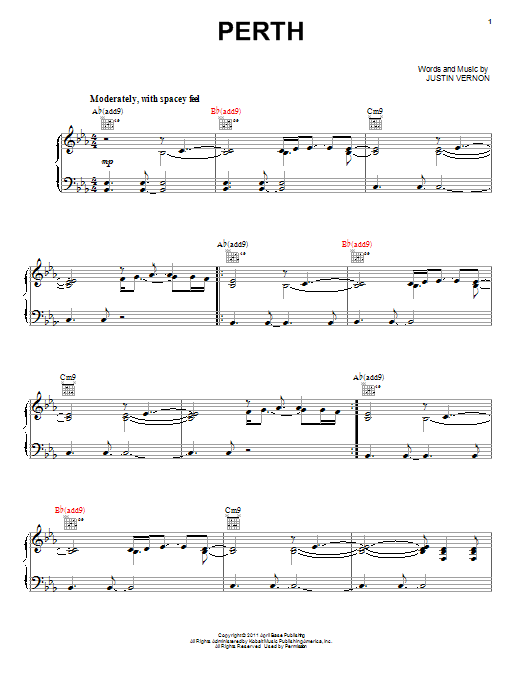 Bon Iver Perth sheet music notes and chords arranged for Piano, Vocal & Guitar Chords (Right-Hand Melody)