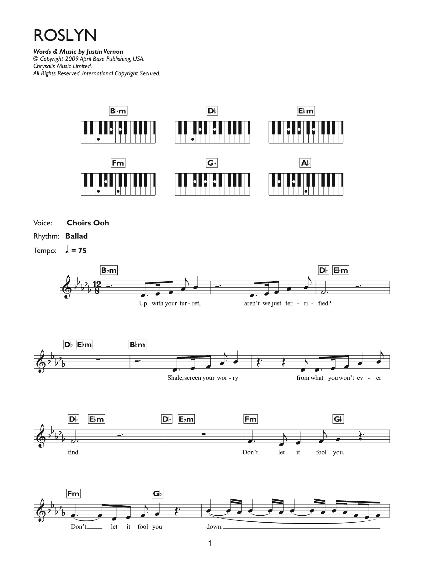 Bon Iver Roslyn sheet music notes and chords arranged for Piano Chords/Lyrics