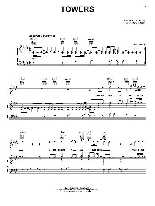 Bon Iver Towers sheet music notes and chords arranged for Piano, Vocal & Guitar Chords (Right-Hand Melody)