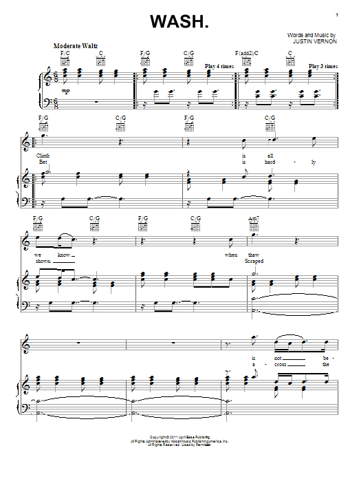 Bon Iver Wash. sheet music notes and chords arranged for Piano Solo
