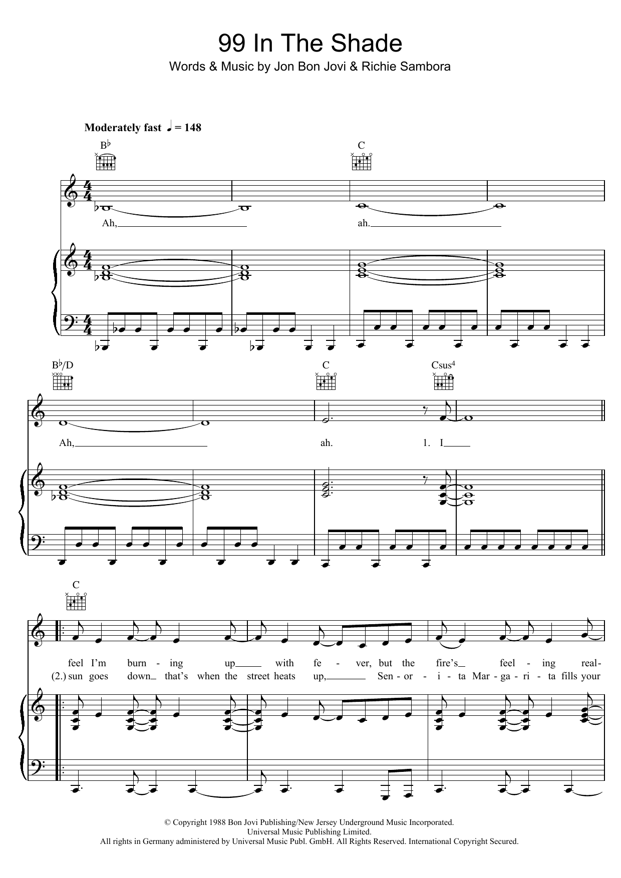 Bon Jovi 99 In The Shade sheet music notes and chords arranged for Piano, Vocal & Guitar Chords
