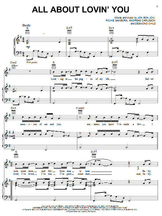 Bon Jovi All About Lovin' You sheet music notes and chords arranged for Piano, Vocal & Guitar Chords (Right-Hand Melody)