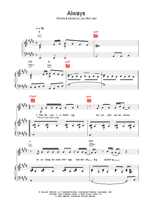 Bon Jovi Always sheet music notes and chords arranged for Piano, Vocal & Guitar Chords (Right-Hand Melody)