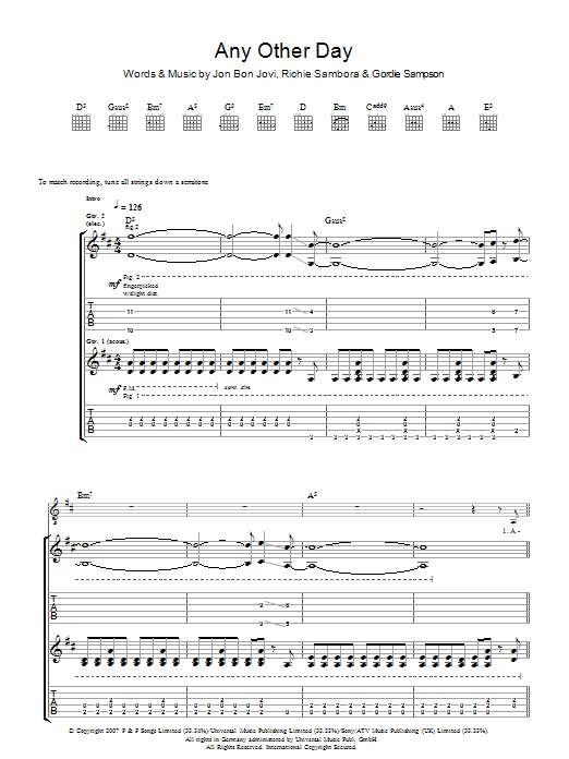 Bon Jovi Any Other Day sheet music notes and chords arranged for Piano, Vocal & Guitar Chords (Right-Hand Melody)