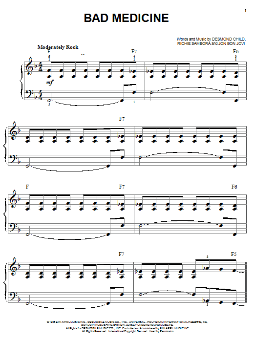 Bon Jovi Bad Medicine sheet music notes and chords arranged for Piano, Vocal & Guitar Chords