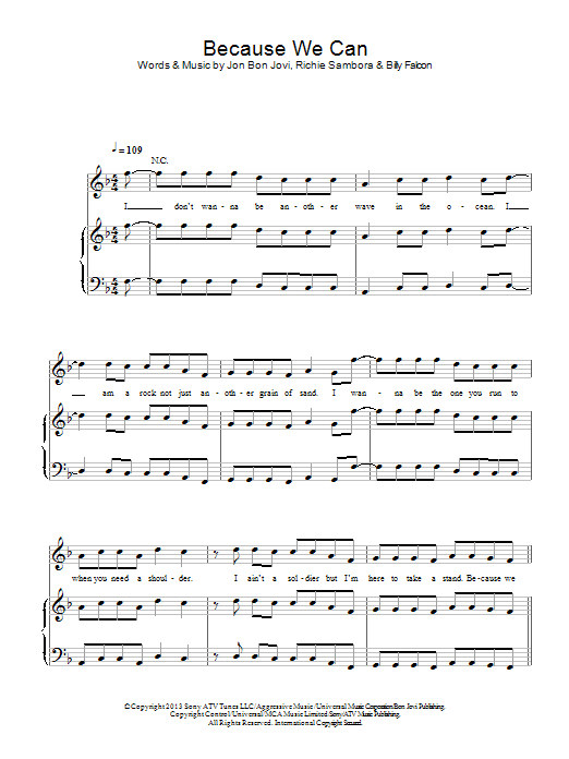 Bon Jovi Because We Can sheet music notes and chords arranged for Piano, Vocal & Guitar Chords