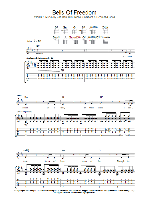 Bon Jovi Bells Of Freedom sheet music notes and chords arranged for Piano, Vocal & Guitar Chords (Right-Hand Melody)