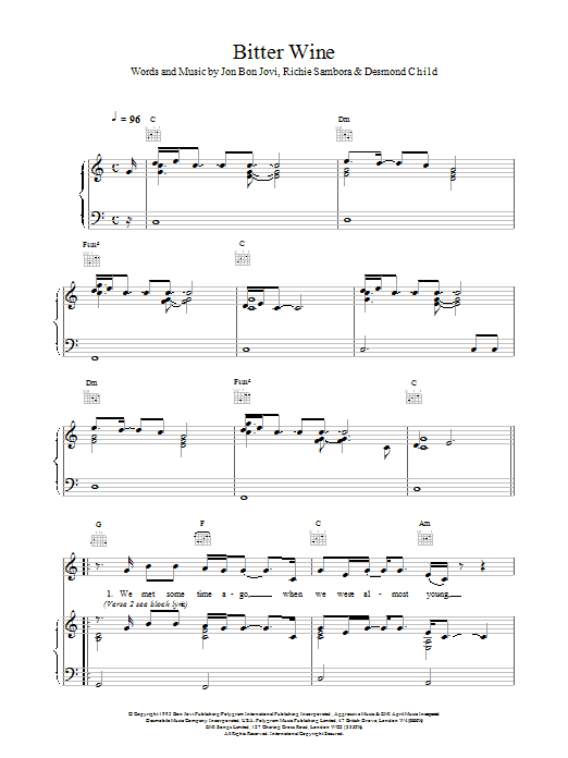 Bon Jovi Bitter Wine sheet music notes and chords arranged for Piano, Vocal & Guitar Chords