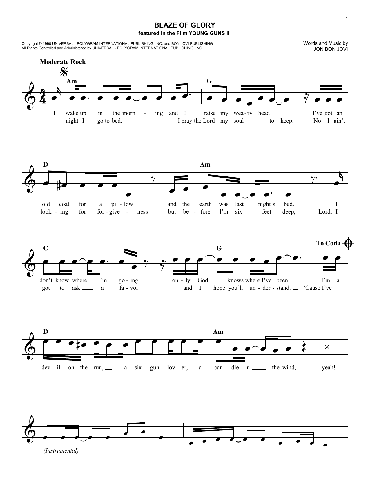 Bon Jovi Blaze Of Glory sheet music notes and chords arranged for Guitar Chords/Lyrics