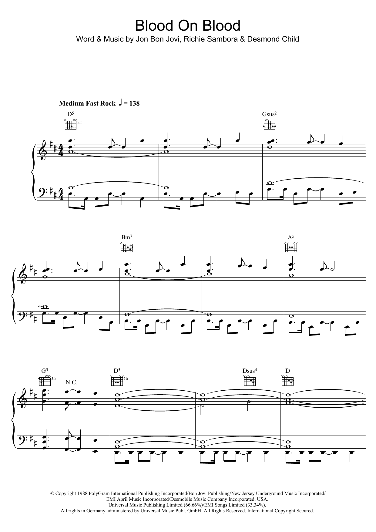 Bon Jovi Blood On Blood sheet music notes and chords arranged for Piano, Vocal & Guitar Chords (Right-Hand Melody)