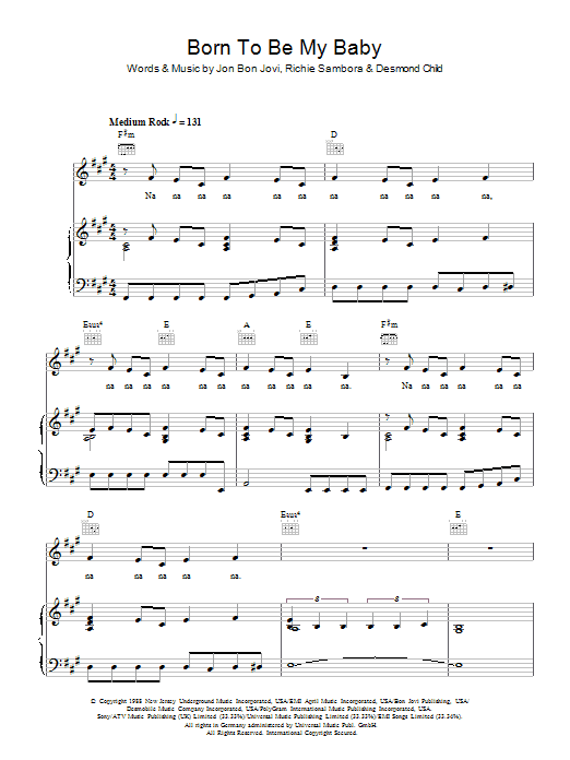 Bon Jovi Born To Be My Baby sheet music notes and chords arranged for Piano, Vocal & Guitar Chords (Right-Hand Melody)