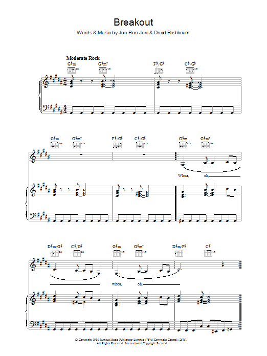Bon Jovi Breakout sheet music notes and chords arranged for Piano, Vocal & Guitar Chords