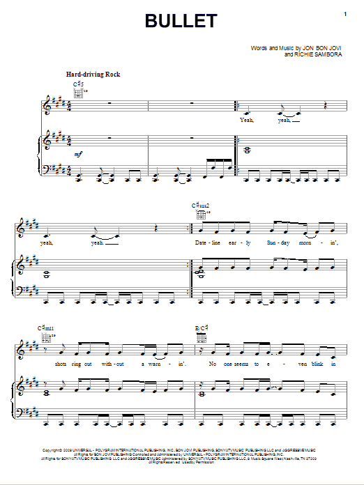 Bon Jovi Bullet sheet music notes and chords arranged for Piano, Vocal & Guitar Chords (Right-Hand Melody)