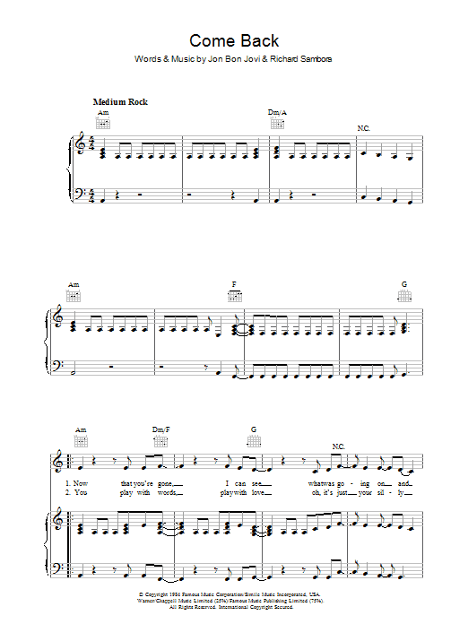 Bon Jovi Come Back sheet music notes and chords arranged for Piano, Vocal & Guitar Chords