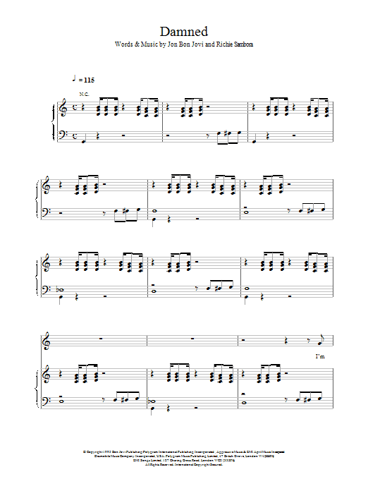 Bon Jovi Damned sheet music notes and chords arranged for Piano, Vocal & Guitar Chords