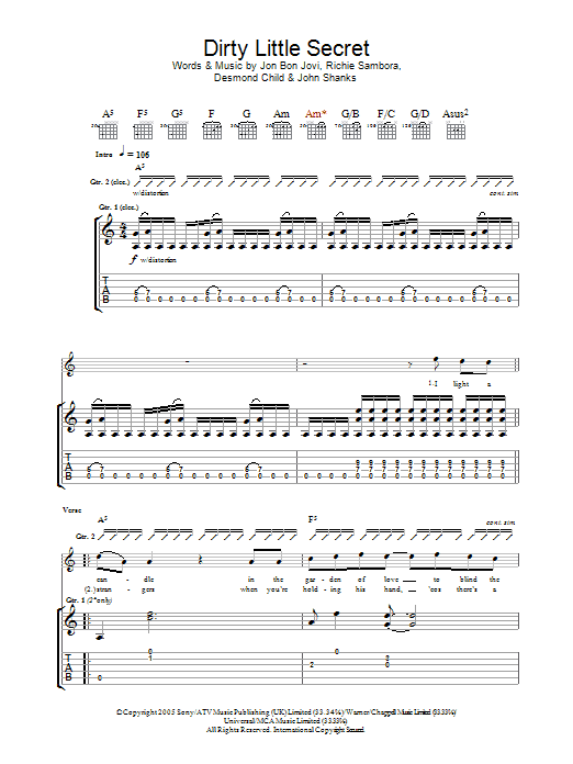 Bon Jovi Dirty Little Secret sheet music notes and chords arranged for Guitar Tab