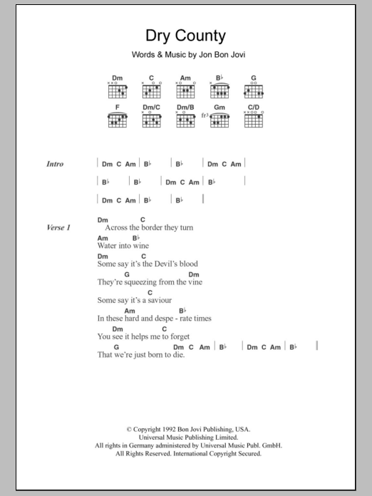 Bon Jovi Dry County sheet music notes and chords arranged for Guitar Chords/Lyrics