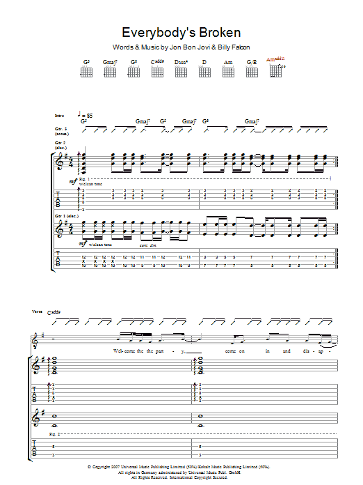 Bon Jovi Everybody's Broken sheet music notes and chords arranged for Piano, Vocal & Guitar Chords (Right-Hand Melody)