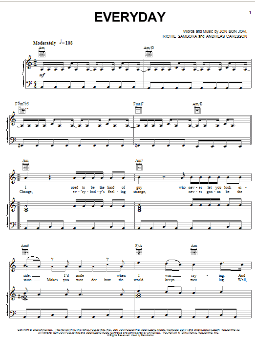 Bon Jovi Everyday sheet music notes and chords arranged for Piano, Vocal & Guitar Chords (Right-Hand Melody)