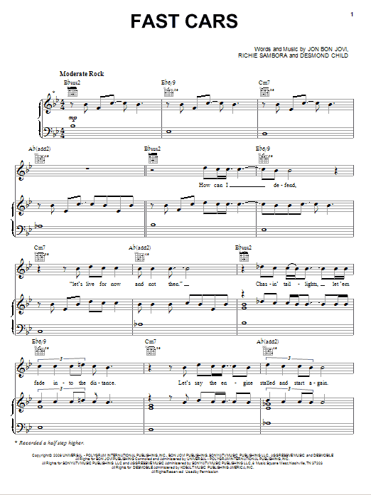 Bon Jovi Fast Cars sheet music notes and chords arranged for Piano, Vocal & Guitar Chords (Right-Hand Melody)