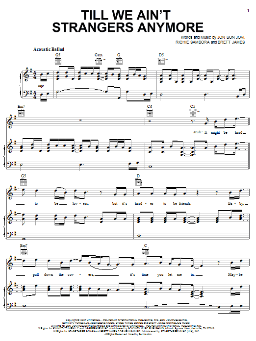 Bon Jovi featuring LeAnn Rimes Till We Ain't Strangers Anymore sheet music notes and chords arranged for Piano, Vocal & Guitar Chords (Right-Hand Melody)