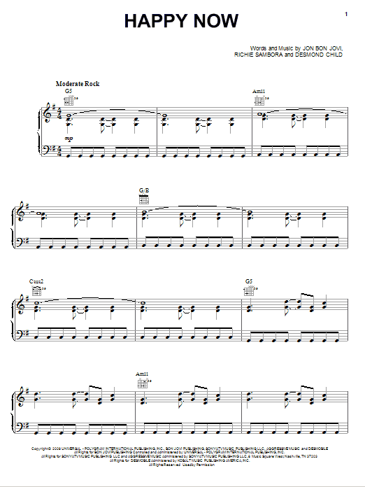 Bon Jovi Happy Now sheet music notes and chords arranged for Piano, Vocal & Guitar Chords (Right-Hand Melody)