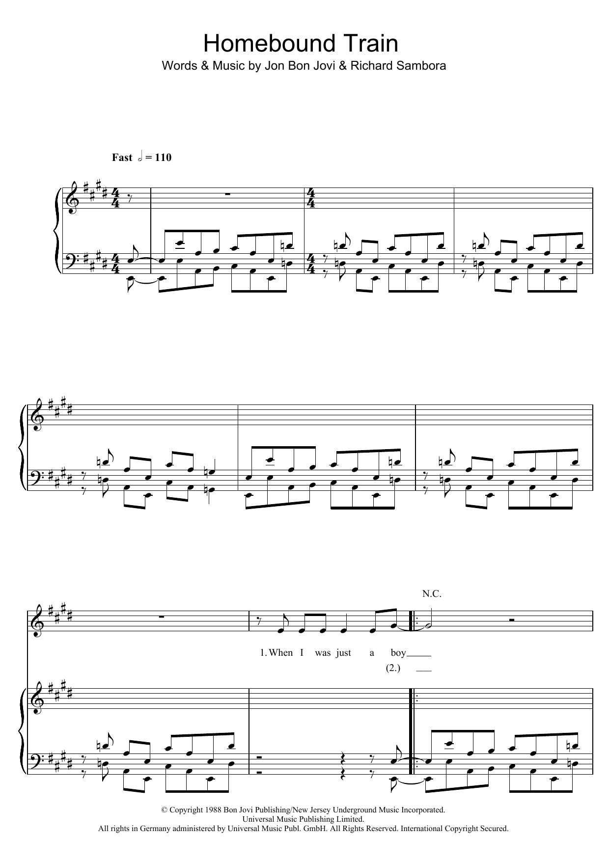 Bon Jovi Homebound Train sheet music notes and chords arranged for Piano, Vocal & Guitar Chords