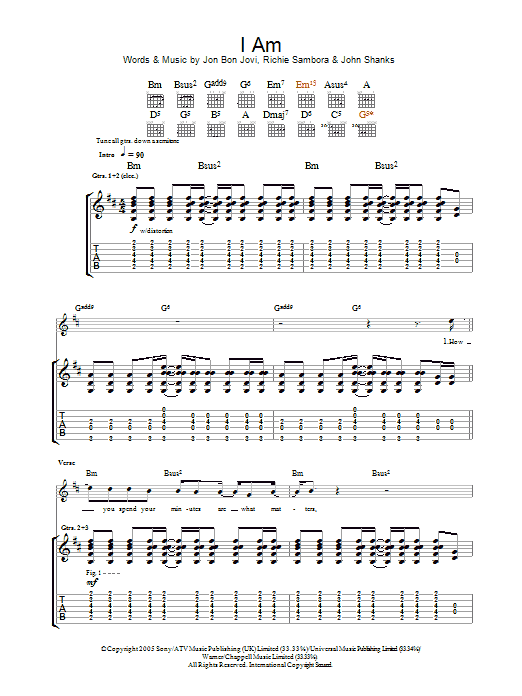 Bon Jovi I Am sheet music notes and chords arranged for Guitar Tab