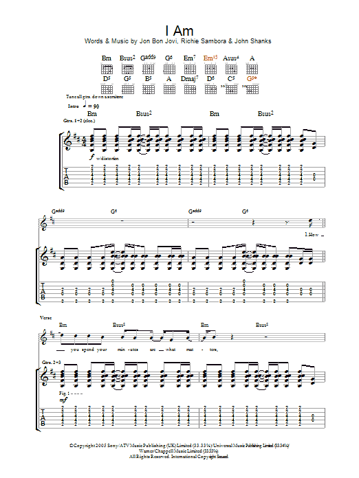 Bon Jovi I Am sheet music notes and chords arranged for Piano, Vocal & Guitar Chords (Right-Hand Melody)
