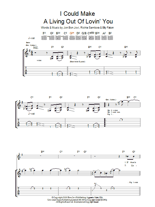 Bon Jovi I Could Make A Living Out Of Lovin' You sheet music notes and chords arranged for Guitar Tab