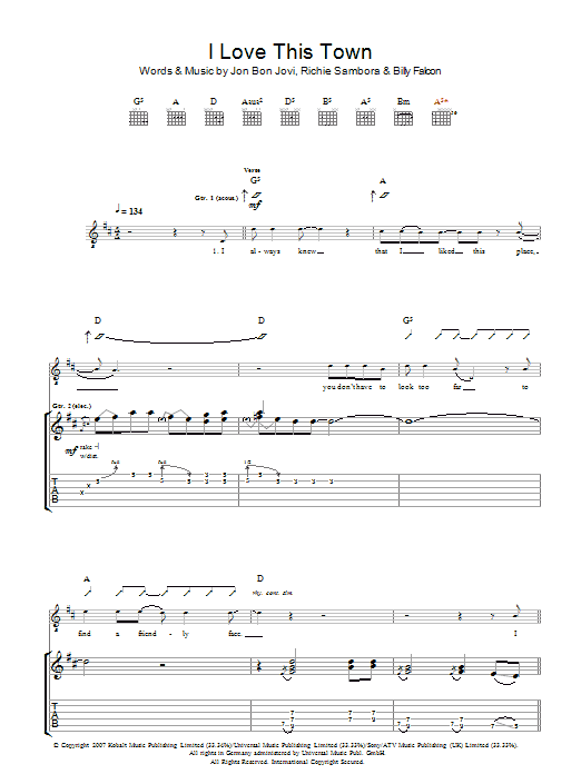 Bon Jovi I Love This Town sheet music notes and chords arranged for Piano, Vocal & Guitar Chords (Right-Hand Melody)