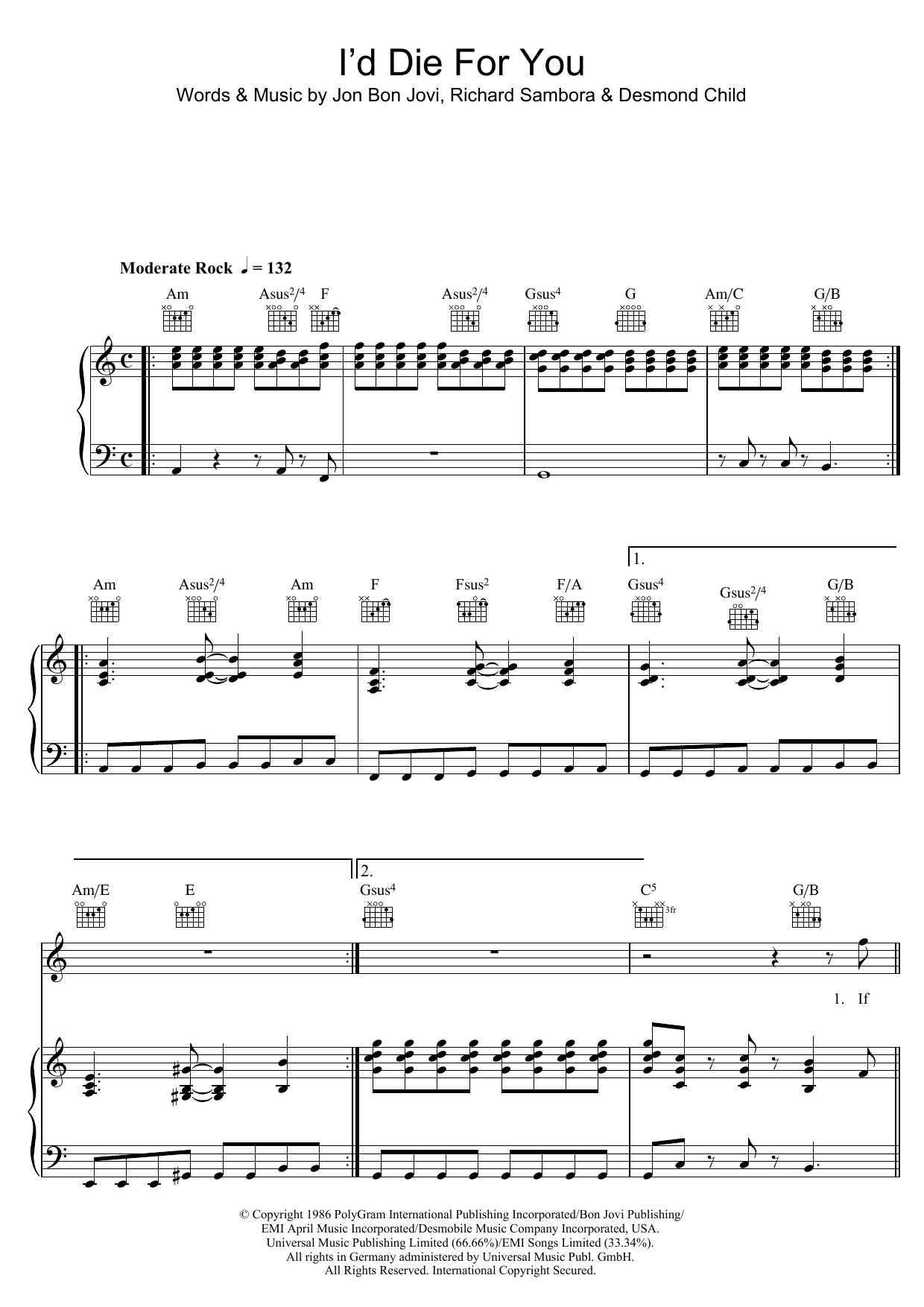 Bon Jovi I'd Die For You sheet music notes and chords arranged for Piano, Vocal & Guitar Chords