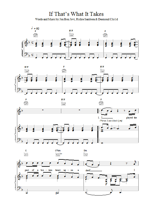 Bon Jovi If That's What It Takes sheet music notes and chords arranged for Piano, Vocal & Guitar Chords