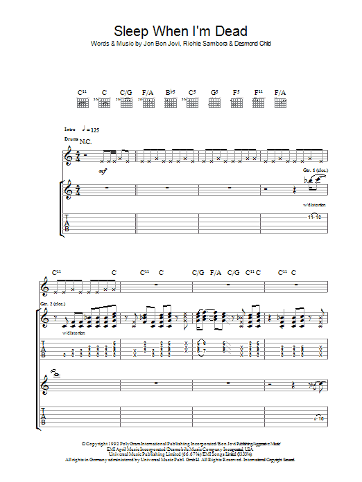 Bon Jovi I'll Sleep When I'm Dead sheet music notes and chords arranged for Piano, Vocal & Guitar Chords (Right-Hand Melody)